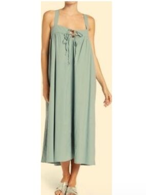StitchDrop Square Neck Saychelles Mint Green Cotton Maxi Sundress Medium